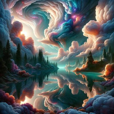 The primary subject of the image is a beautifully painted landscape featuring a body of water, such as a lake, with a forest surrounding it. The scene is set against a backdrop of a cloudy sky, creating a serene and peaceful atmosphere. The visual style of the image is a combination of photo-realism and digital art, giving it a unique and captivating appearance. The dominant colors in the painting are shades of blue, green, and red, which contribute to the overall mood of the scene.